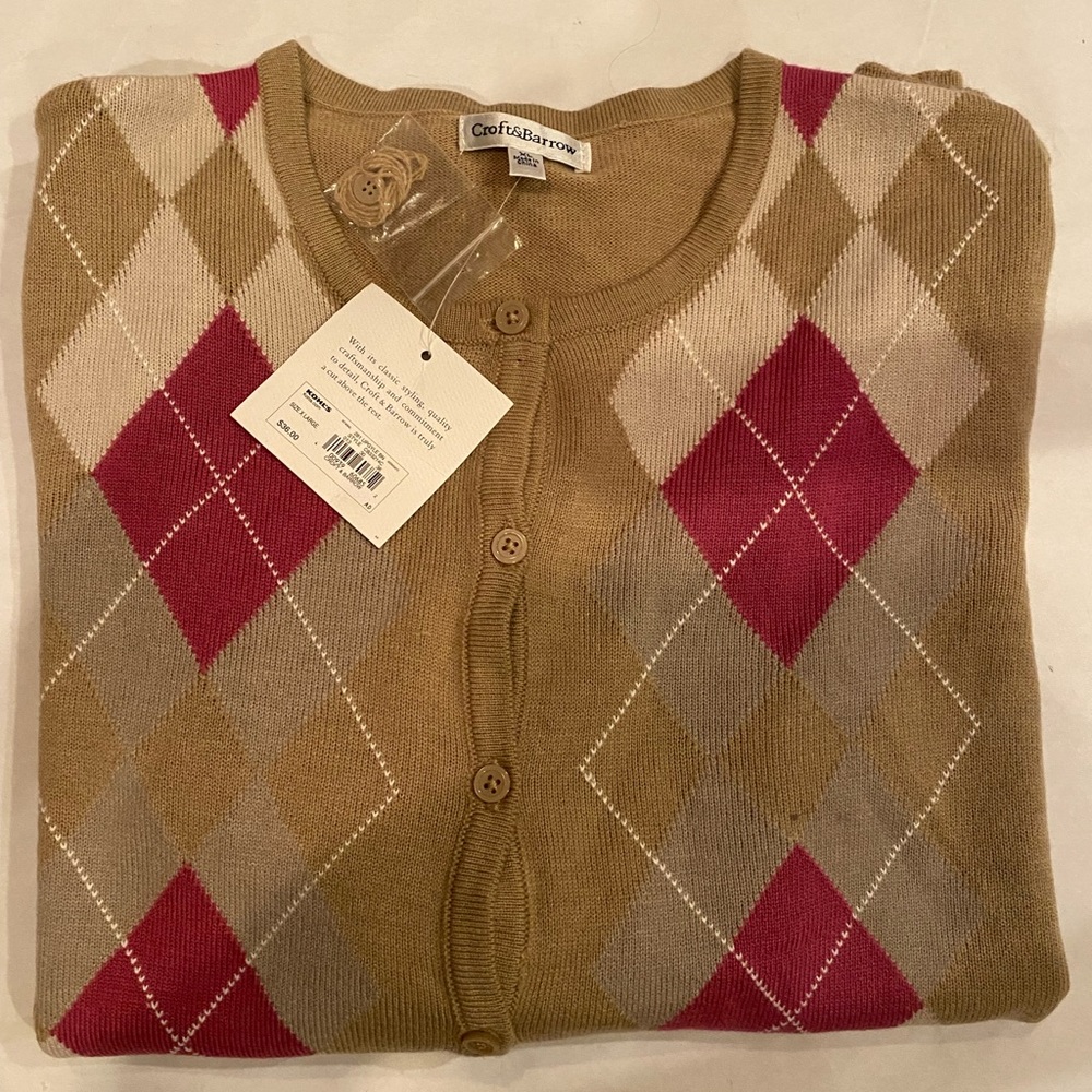 Croft + Barrow Argyle Crewneck Button Down Cardigan Sweater